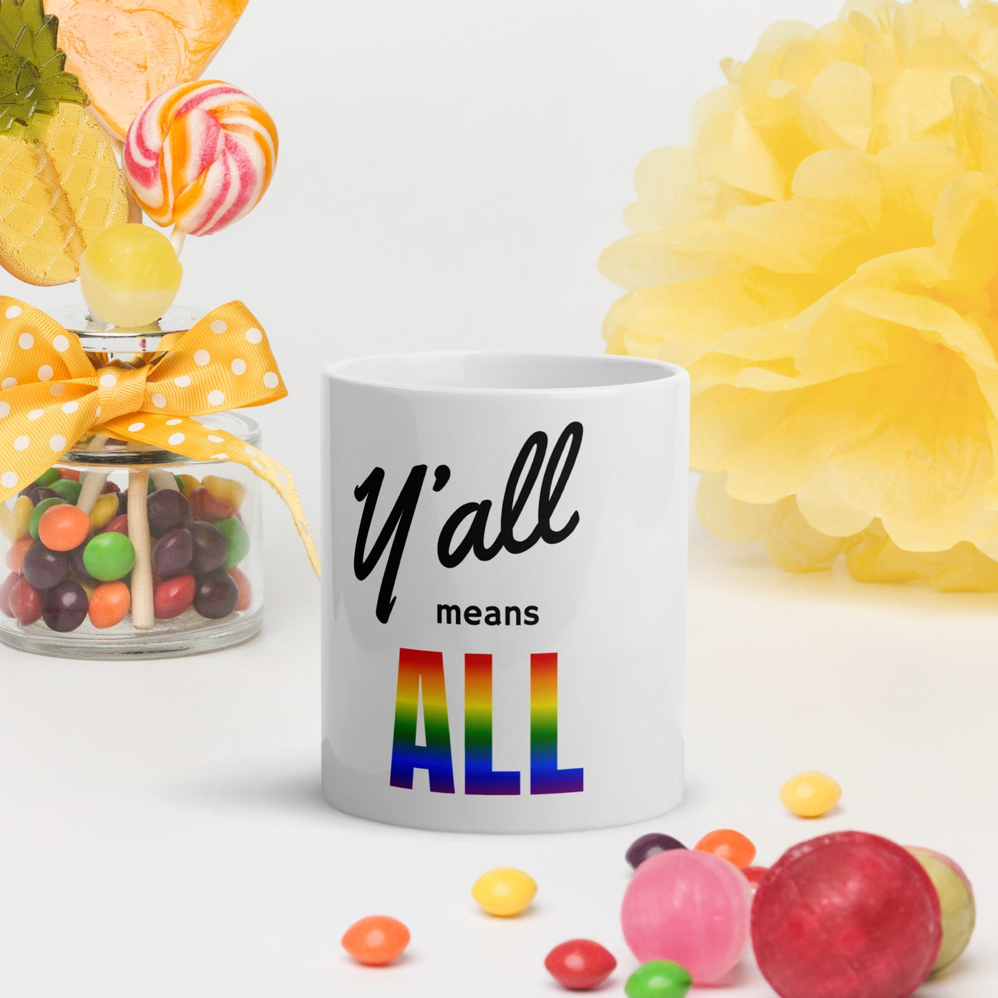 Y'all Means All white glossy mug