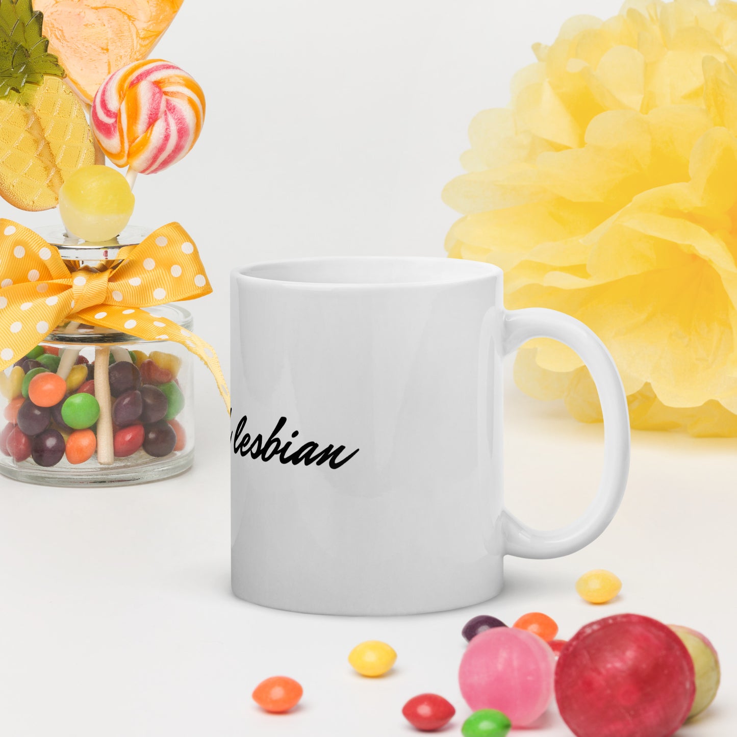 "Live Laugh Lesbian" white glossy mug