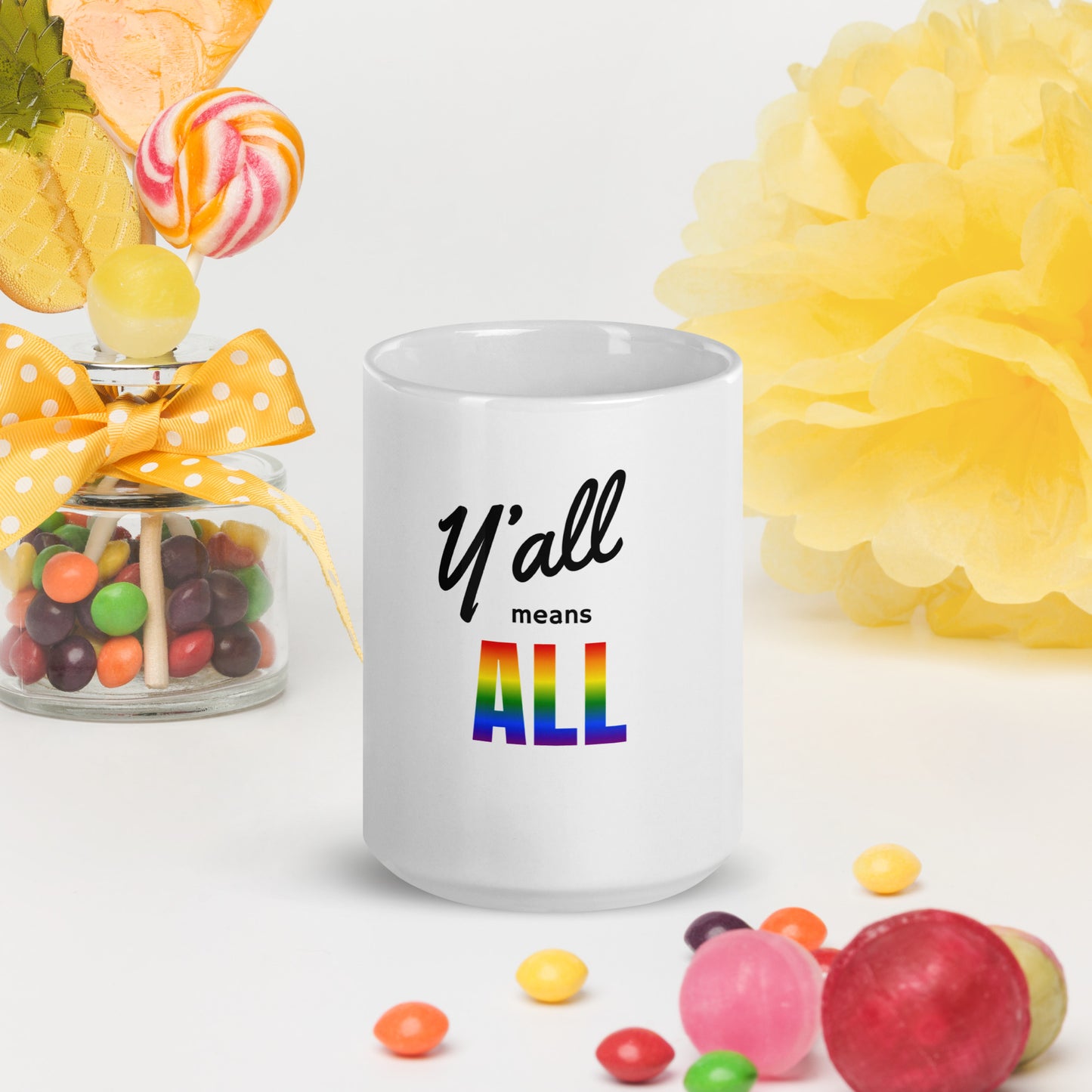 Y'all Means All white glossy mug
