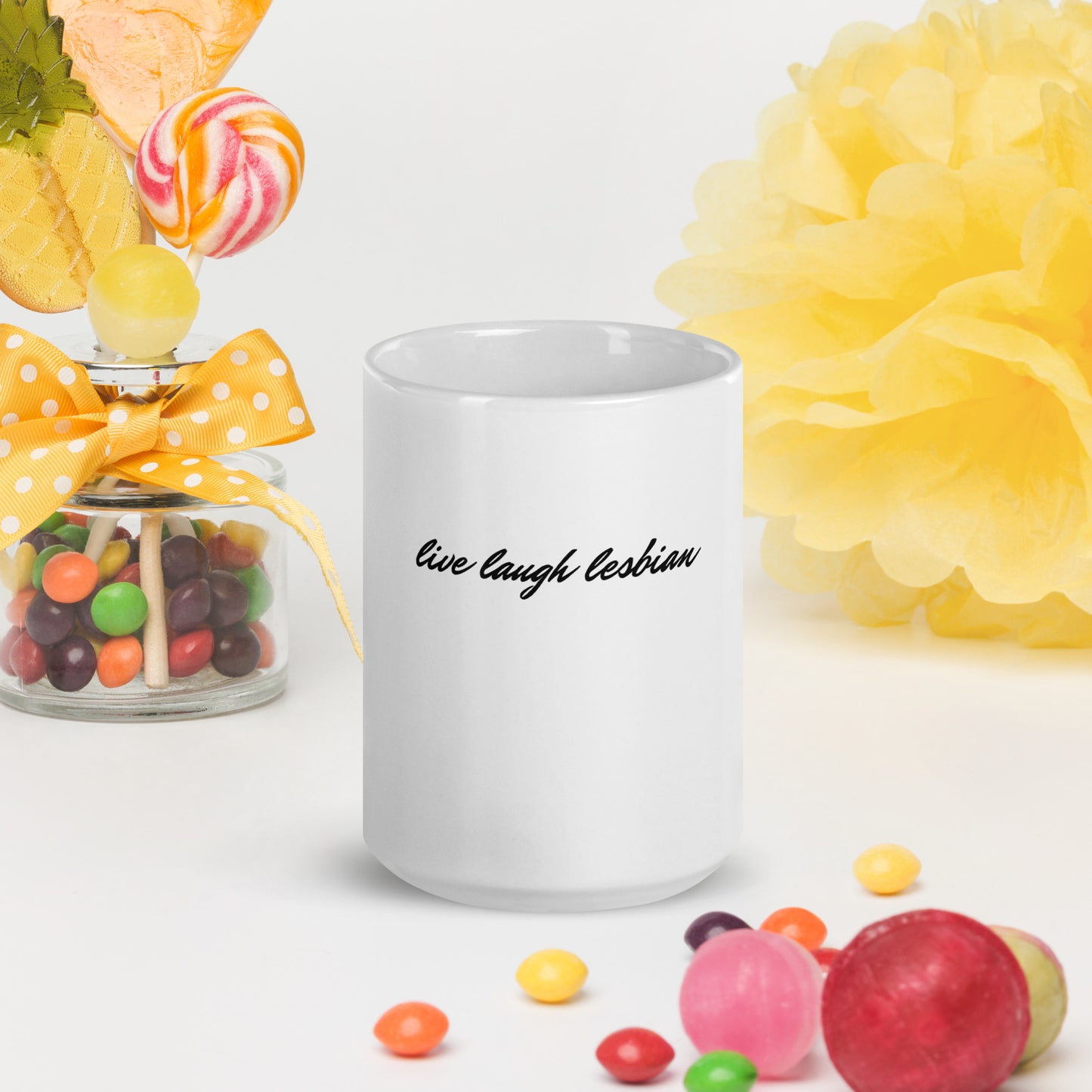"Live Laugh Lesbian" white glossy mug