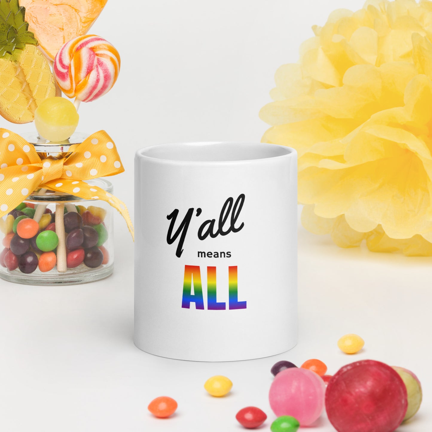 Y'all Means All white glossy mug