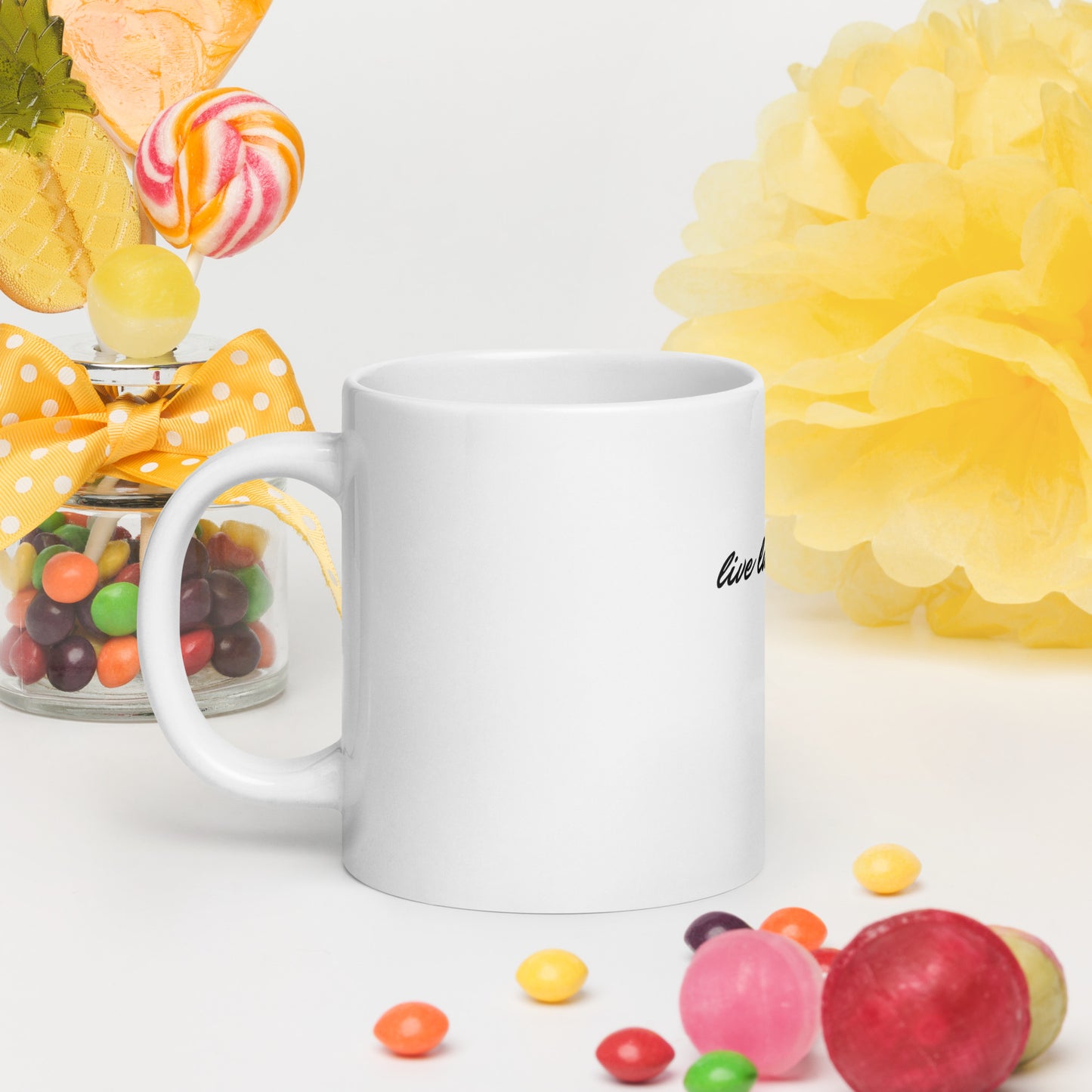 "Live Laugh Lesbian" white glossy mug