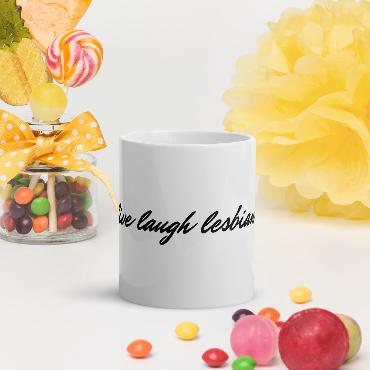 "Live Laugh Lesbian" white glossy mug